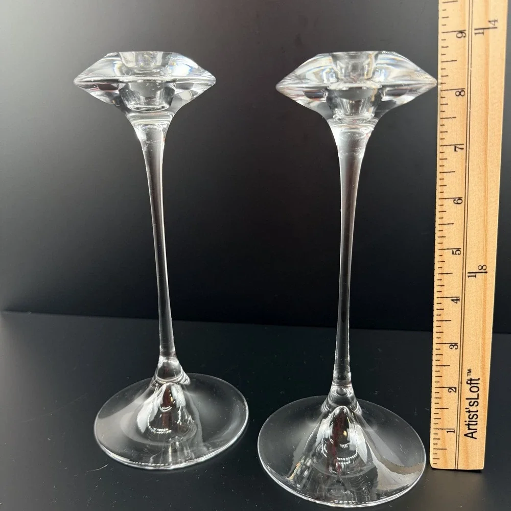 Kosta Boda Fanfare Crystal Candlesticks Pair Kjell Engman‎ Sweden